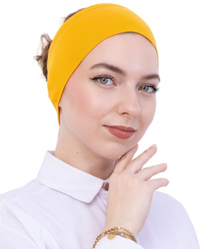 Prien Women Cotton Hijab Cap, Stretchy Head Cover, Pre-Sewn Inner Muslim Scarf Undercap, Non Slip Headband for Daily Wear - color: Deep Yellow