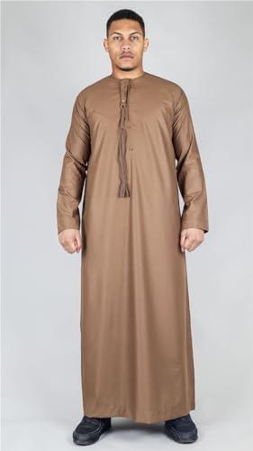 Men's Thobe Emirati Omani Jubba Islamic Clothing Muslim Kaftan Eid Robe Arab String Tassel - color: Bronze Regular, size: 52