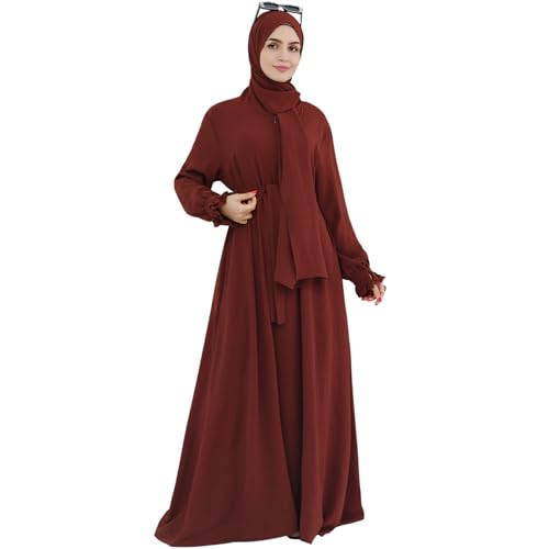 Women Muslim Dress Middle East Arabian Robe Islamic Modest Dress with Hijab Scarf Lace Sleeve Flowy Abaya Dress - color: Red