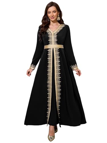 Abaya Dress for Women Muslim Moroccan Maxi Kaftan Dress Arabic Islamic Dubai Robe Ramadan Prayer Wedding Clothes - color: Black, size: X-Small