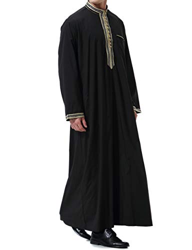 Islamic Mens Clothing Kaftan Maxi-Muslim Male Shirt Long Sleeve Abaya Dubai Cotton… - color: Black-b, size: Small