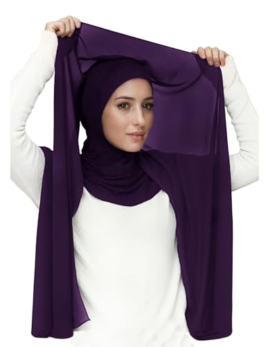 Lina & Lily Flowy Chiffon Instant Hijab Scarf Attached Jersey Ninja Undercap Full Coverage for Muslim Women - color: Dark Purple