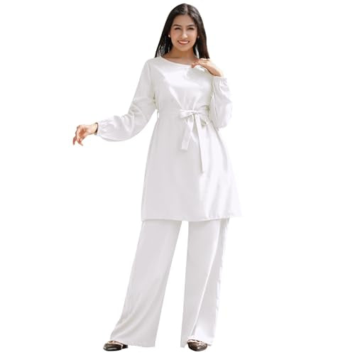 IWEMEK Abayas for Women Muslim Long Sleeve Loose Top Pants 2 Pcs Eid Ramadan Outfits Casual Islamic Muslim Clothes with Belt - color: White, size: Small