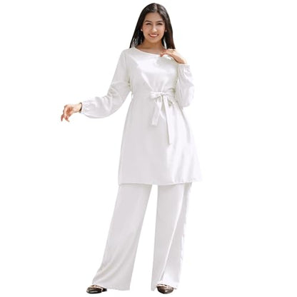 IWEMEK Abayas for Women Muslim Long Sleeve Loose Top Pants 2 Pcs Eid Ramadan Outfits Casual Islamic Muslim Clothes with Belt - color: White, size: XX-Large