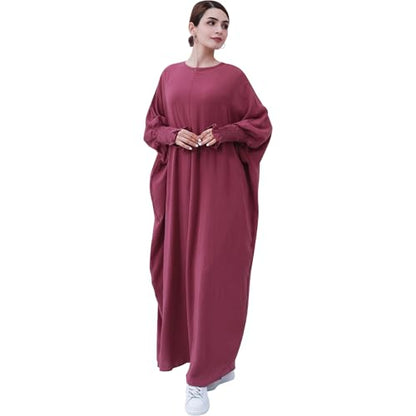 Lenmipot Islamic Women Jilbab Abayas Muslim Abaya Dress for Women Middle East Kaftan Dubai Dress Eid Prayer Clothes - color: Dark Red