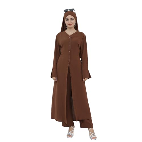 IDOPIP Muslim Women 2-Piece Set Long Sleeve Ramadan Islamic Abaya Dress Shirt with Pants Loose Fit Casual Dubai Prayer Outfit - color: Coffee, size: Medium-Large
