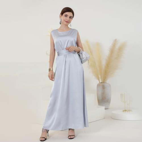 Ramadan Eid Prayer Abaya Dress for Women Muslim Islam Turkey Satin Sleeveless Slip Inner Under Loose Long Dress - color: Light Grey, size: Medium
