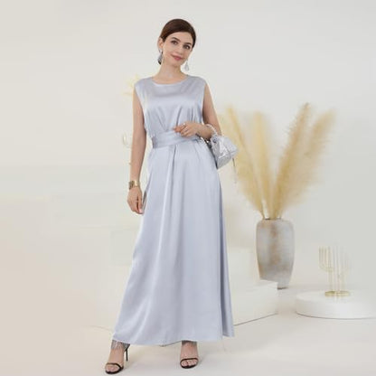 Ramadan Eid Prayer Abaya Dress for Women Muslim Islam Turkey Satin Sleeveless Slip Inner Under Loose Long Dress - color: Light Grey, size: Large
