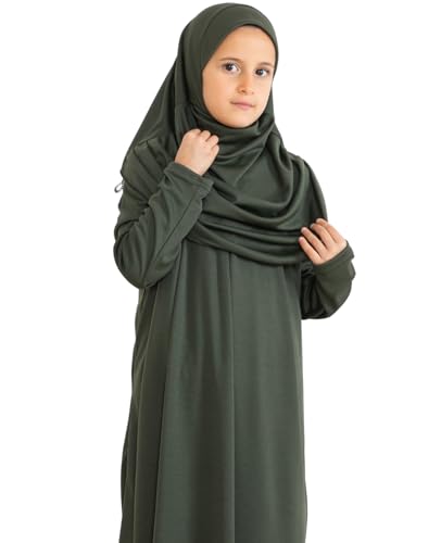 Prien Kids Prayer Dress Muslim Clothes for Girls Long Sleeve Abaya with Hijab Two Piece Maxi Islamic Set Scarf Kaftan Jilbab - color: Khaki