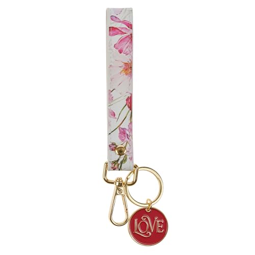Christian Art Gifts Metal Keychains with Faux Leather Wrist Strap & Clip for Women: Scripture & Multicolor Floral Designs - color: Love/Gold, White & Pink Floral