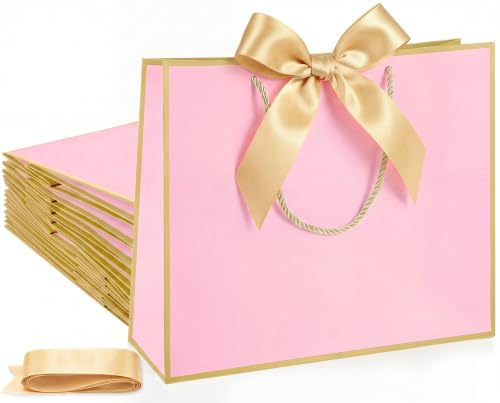 Silkfly 12 Pcs Paper Gift Bags with Handles & Bow Ribbon, Pink - color: Pink