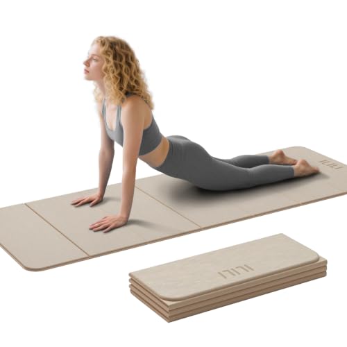 ILILI Foldable Yoga Mat 71 * 24 * 0.3 Inch | Lightweight TPE Non Slip Exercise Mat, Waterproof Portable Fitness Mat for Home Gym, Pilates, Stretching & Daily Workouts - color: Beige