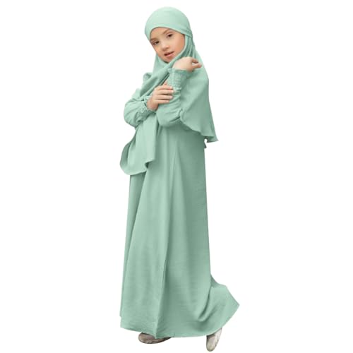IDOPIP Muslim Dress for Girls Islamic Prayer Abaya Smocked Long Sleeve Kaftan Robe Dresses with Hijab Ramadan Dubai Outfits - color: Green, size: 3-4 Years