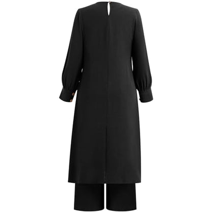 IDOPIP Abaya Dress for Women Muslim Set Long Sleeve Ramadan Islamic Dress Shirt with Pants 2PCS Dubai Prayer Casual Clothes - color: Black - Split, size: Small