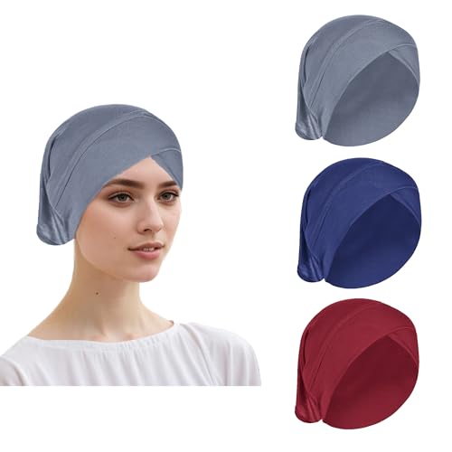 PURFUN 3 Pcs Muslim Inner Hijab Caps Women Solid Color Under Hijab Caps Stretchy Breathable Full Cover Undercap Tube Bonnet - color: Red+navy+grey