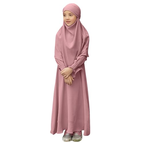 OBEEII Abaya for Girls Muslim Long Sleeve Prayer Dress Ramadan Kaftan Abaya with Hijab Islamic Clothing Arabic Eid Robe - color: Pink, size: 11-12 Years