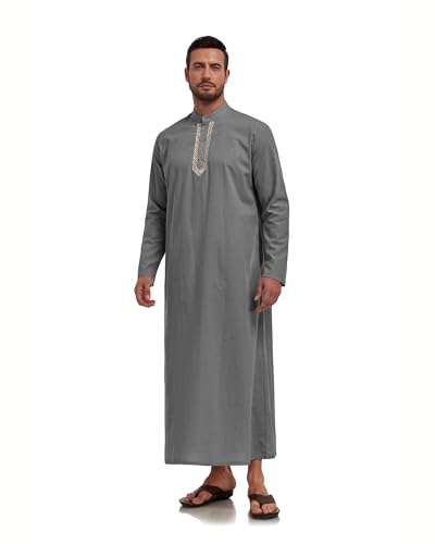 Jacansi Men's 65% Cotton 35% Linen Kaftan Robe, Henley Button Down Thobe, Long Sleeve Casual Gown with Pockets - color: Dark Grey, size: 3X-Large