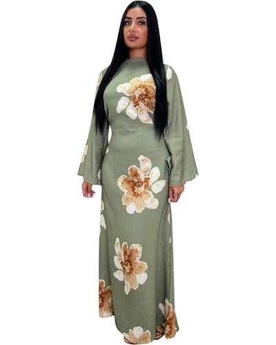 Women Butterfly Abaya Elegant Prayer Dress with Bell Sleeve, Waist Tie, Stylish Floral Printed Maxi Robe - color: Green, size: X-Large