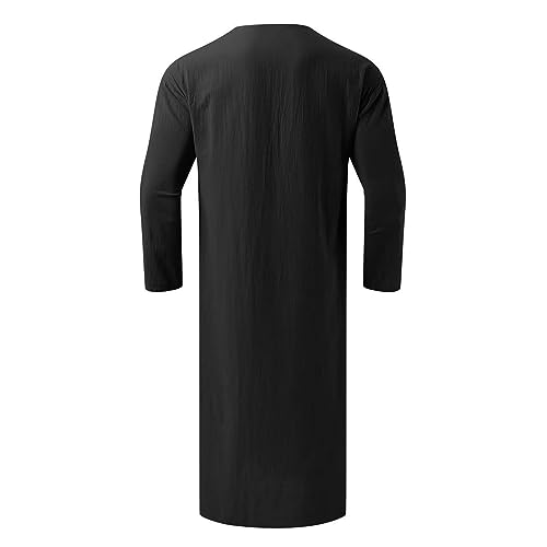 Muslim Thobe for Men Button Down Kaftan Long Sleeve Long Gowns Solid Sleep Shirts Robes with Pockets Side Split - color: Black, size: Small