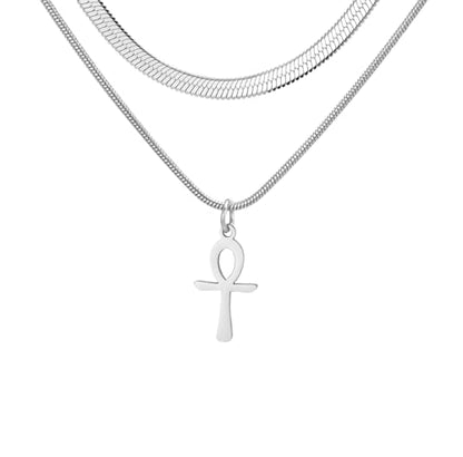 Ankh Cross Y Necklace Key of Life Eye of Horus Pendant Cartouche Long Chain Protection African Coptic Amulet Ancient Egyptian Religious Jewelry Gift for Women Men - color: layerd Ankh Cross