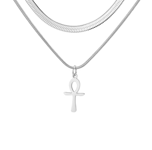 Ankh Cross Y Necklace Key of Life Eye of Horus Pendant Cartouche Long Chain Protection African Coptic Amulet Ancient Egyptian Religious Jewelry Gift for Women Men - color: layerd Ankh Cross