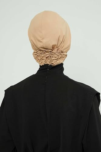 Aisha's Design Instant Turban Head Wraps for Women, Combed Cotton Scarf Lightweight Pre tied Hijab with Back Rose Detail - color: Sand Brown