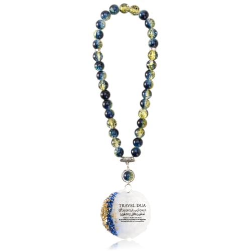 Ayatul Kursi for Car - Islamic Car Hanging, Pink Gold Islamic Travel Dua Rear Mirror Charm Accessories, Allah Quran Turkish Prayer Mirror Hanger, Muslim Crystal Beads Hanging Gifts for Women - color: Blue