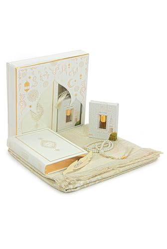 ihvan online Prayer Gift Set for Men & Women, Thin Soft Muslim Prayer Rug, Salah Mat, Beads Taasbih, Arabic Holy Quran, Islamic Gift Set for Ramadan & Eid, White - color: White