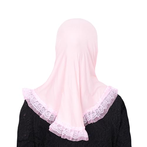 MuLanLegend Cotton Lace Hijab | Princess Nur | Girls Kids Instant Slip-on Scarf Sarong | Ligthweight and Comfortable - color: Light Pink