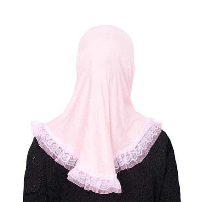 MuLanLegend Cotton Lace Hijab | Princess Nur | Girls Kids Instant Slip-on Scarf Sarong | Ligthweight and Comfortable - color: Light Pink