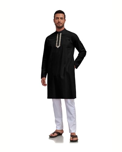 Jacansi Men's Cotton Linen Kaftan Thobe, Button Henley Long Sleeve Muslim Dress Robe - color: Black, size: 3X-Small