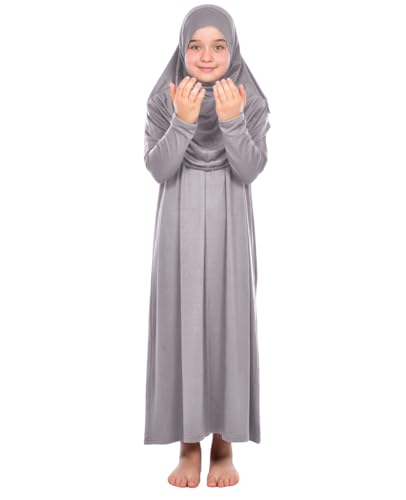 Prien Kids Prayer Dress Muslim Clothes for Girls Long Sleeve Abaya with Hijab Two Piece Maxi Islamic Set Scarf Kaftan Jilbab - color: Grey