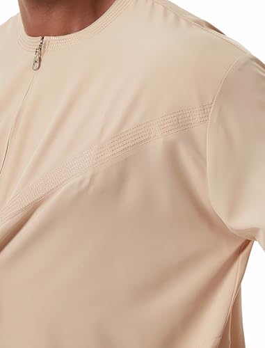 Muslim Men Abaya Short Sleeve Kaftan Islamic Arab Robe Men Dishdasha Zipper Robe Ethnic Clothes Dubai Travel Thobe - color: Beige, size: Large