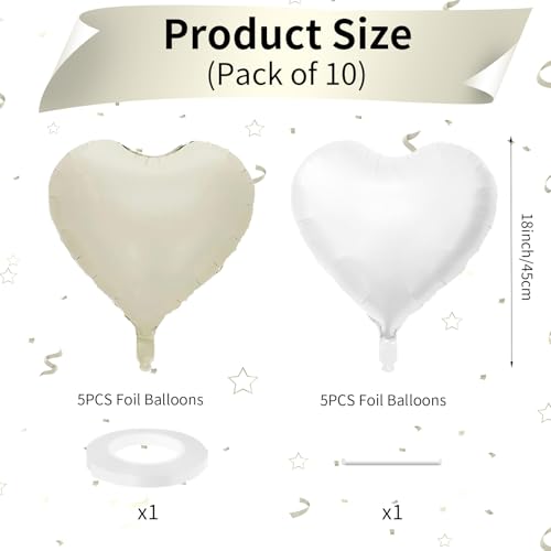Cream White Heart Balloons, 10PCS Beige Foil for Boho Wedding Baby Shower - color: Cream White + White