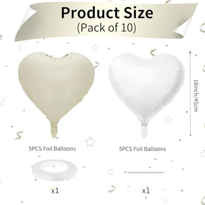 Cream White Heart Balloons, 10PCS Beige Foil for Boho Wedding Baby Shower - color: Cream White + White
