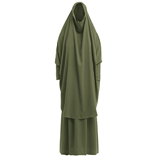Prayer Clothes for Muslim Women Islamic Abaya Suit Maxi Skirt + Khimar Hijab 2pcss Burka Jilbab Kaftan - color: Army Green