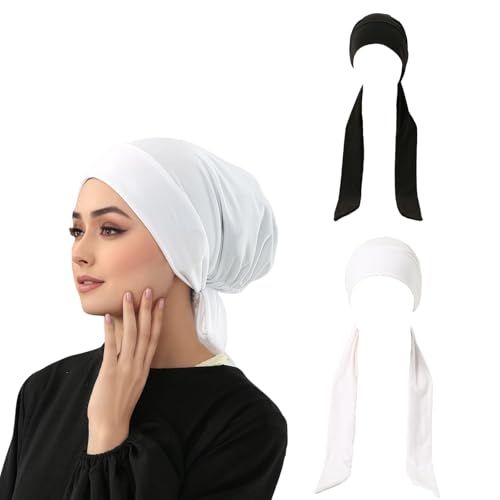 Instant Hijab Scarf Tie-Back Closure Cap Islamic Muslim Head Scarf Turban for Women - color: Black,white