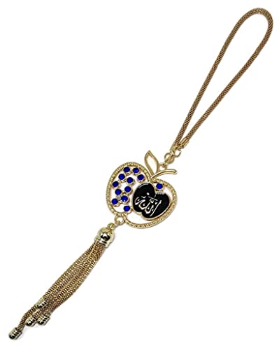 Car Rear Mirror Hanging Decor Ornament Apple Shaped Pendant with Hanging Chain AMN-347 Allah Muhammad Names Double Side Metal Arabic Calligraphy Islam Eid Ramadan Muslim Gift (Blue/Gold) - color: Blue/Gold