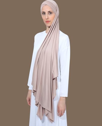 Instant Jersey Cotton Hijab Scarf for Women, Non-See Through Tieback Muslim Head Scarf - color: Pale Brown