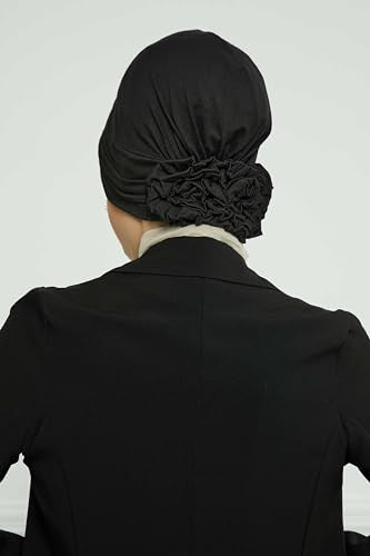 Aisha's Design Instant Turban Head Wraps for Women, Combed Cotton Scarf Lightweight Pre tied Hijab with Back Rose Detail - color: Black