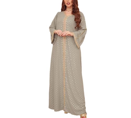 FPOVFPO Women's Muslim Abaya One-Piece V Neck Bronzing Dress Islamic Full Length Kaftan Daily Casual - color: Grey, size: XX-Large