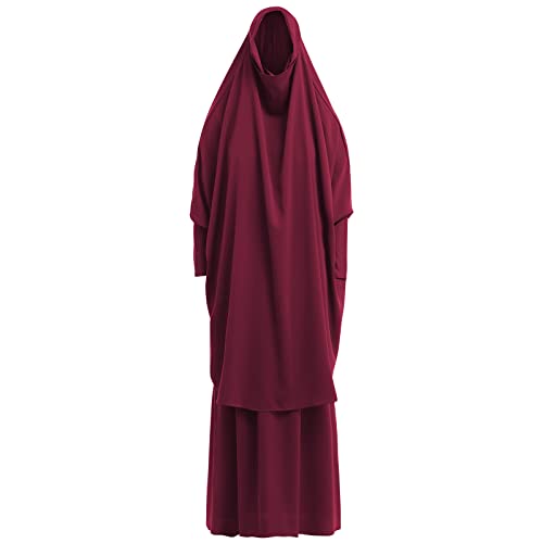 Abayas for Women Muslim Chiffon Prayer Burqa Dress Burkas for Women Muslim Hijab Dress Full Length Islamic Veil Abaya Set - color: Red