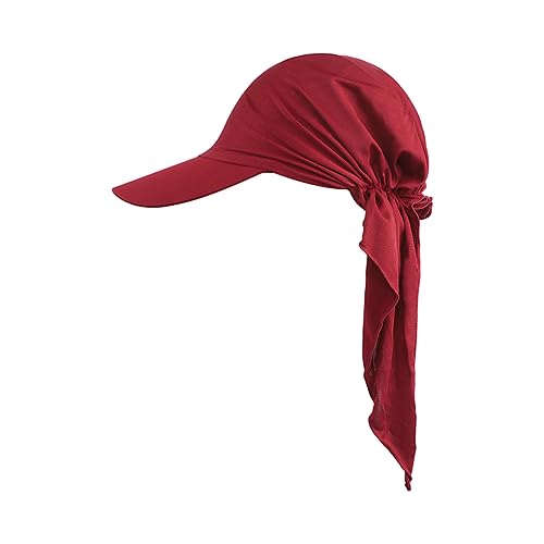 Women Muslim Headscarf Hat Pre Tied Hair Loss Turban Solid Color Chemo Baseball Cap Slouchy Bonnet Head Cover - color: Wine Red-