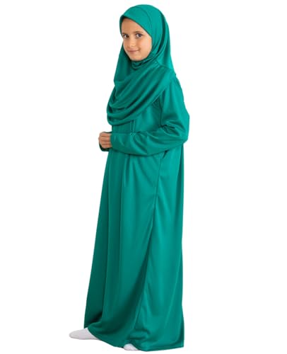Prien Kids Prayer Dress Muslim Clothes for Girls Long Sleeve Abaya with Hijab Two Piece Maxi Islamic Set Scarf Kaftan Jilbab - color: Green