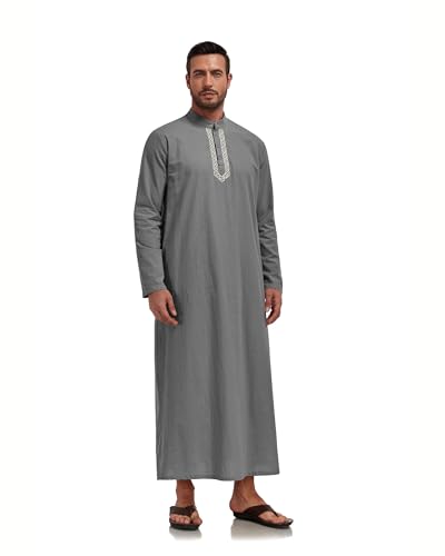 Jacansi Men's 65% Cotton 35% Linen Kaftan Robe, Henley Button Down Thobe, Long Sleeve Casual Gown with Pockets - color: Dark Grey, size: 3X-Large