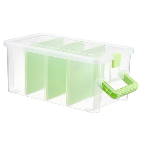 BTSKY Clear Plastic Dividing Storage Box with 4 Deep Compartment Sewing Box | 13.9x7.9x6.2 Inches Adjustable Storage Bin with Lid Portable Craft Container Multipurpose Art Supply Organizer Green - size: 13.9x7.9x6.2 Inches-Green