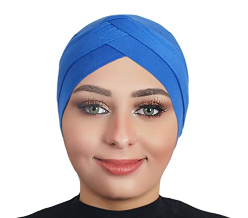 Solid Color Full Cover Inner Hijab Caps Muslim Forehead Cross Turban Stretch Hijab for Women Head Scarf Under Hijab - color: Royal Blue