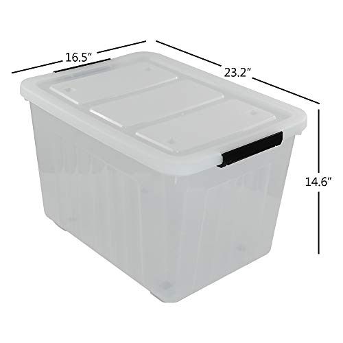 Kekow 70 L Clear Large Storage Box, Plastic Latch Box with Wheels, 4-Pack | Extra Large Capacity, Locking Snap Lid, Easy-Glide Wheels, Sturdy Plastic Build, for Closet Garage Basement Storage - size: 70 L