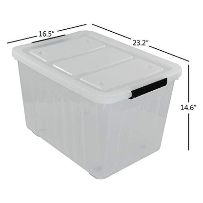 Kekow 70 L Clear Large Storage Box, Plastic Latch Box with Wheels, 4-Pack | Extra Large Capacity, Locking Snap Lid, Easy-Glide Wheels, Sturdy Plastic Build, for Closet Garage Basement Storage - size: 70 L