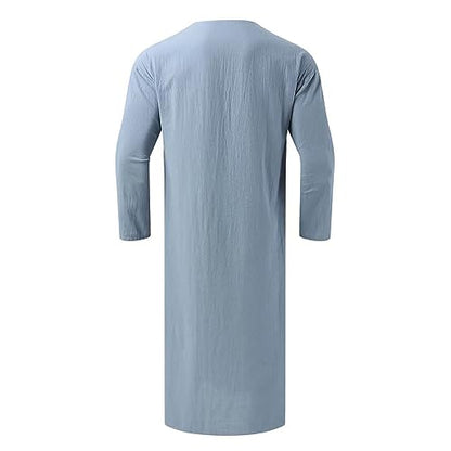 Muslim Thobe for Men Button Down Kaftan Long Sleeve Long Gowns Solid Sleep Shirts Robes with Pockets Side Split - color: Blue, size: Small